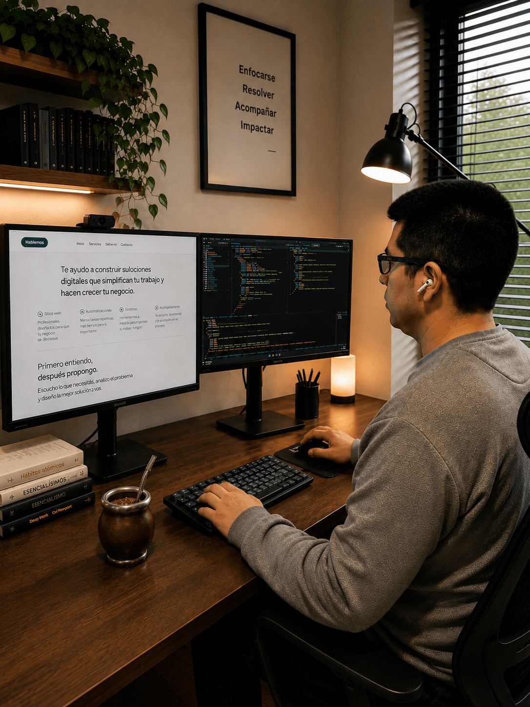Diego Quintero trabajando en su escritorio, frente a dos monitores